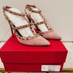 100% Authentic Valentino Garavani Lipstick Pink Suede Rockstud Pumps Sz EU 38.5